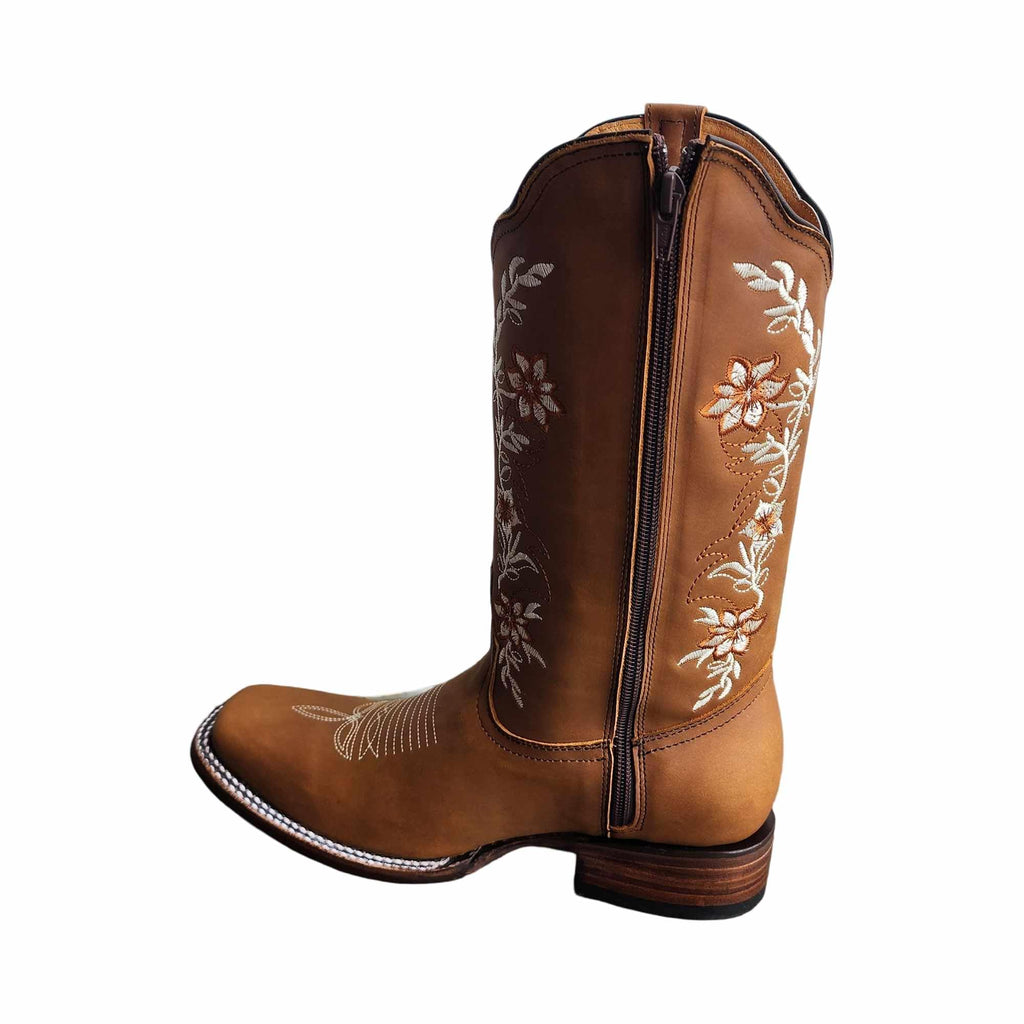 Dona Michi WOMENS COWGIRL Square toe leather Flower embroidered Design with zipper Botas para Mujer con Zierre
