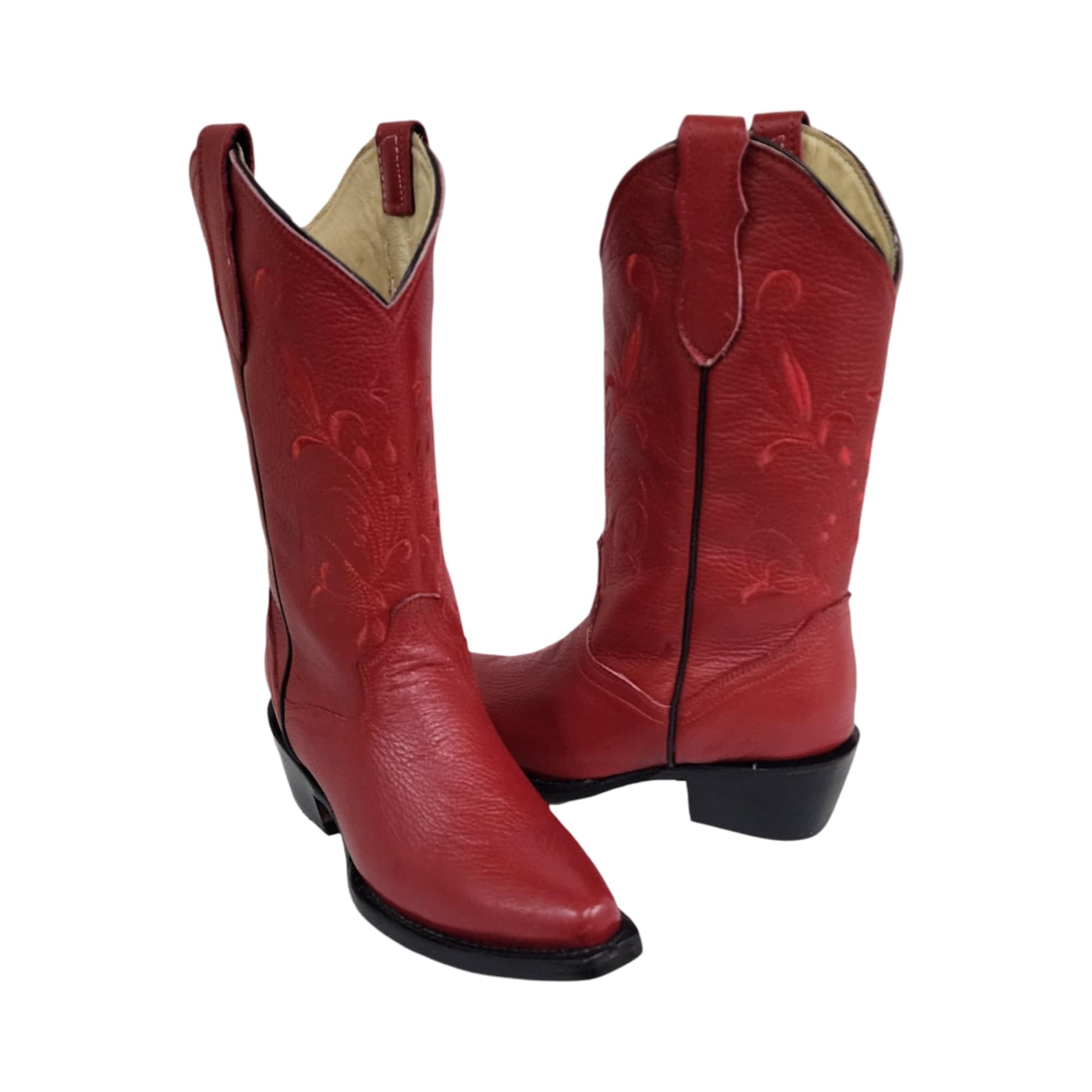 Dona Michi Women's Western Cowgirl White and Red Pointy Toe Boots Genuine Leather Dama Puntal