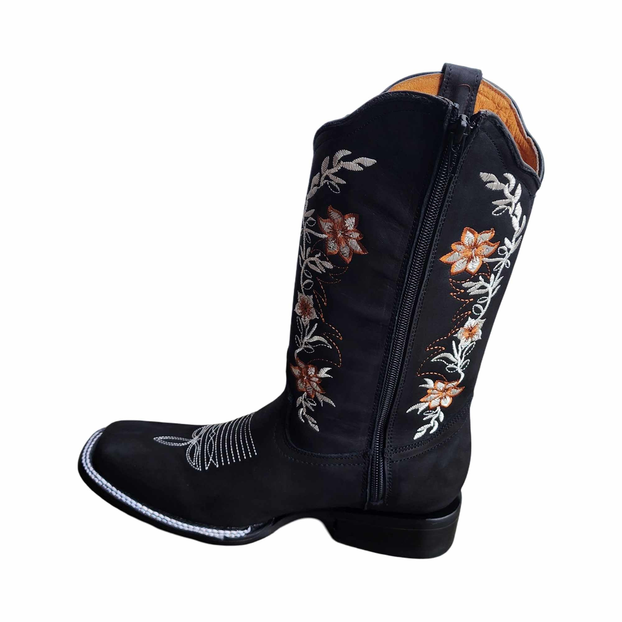 Dona Michi WOMENS COWGIRL Square toe leather Flower embroidered Design with zipper Botas para Mujer con Zierre