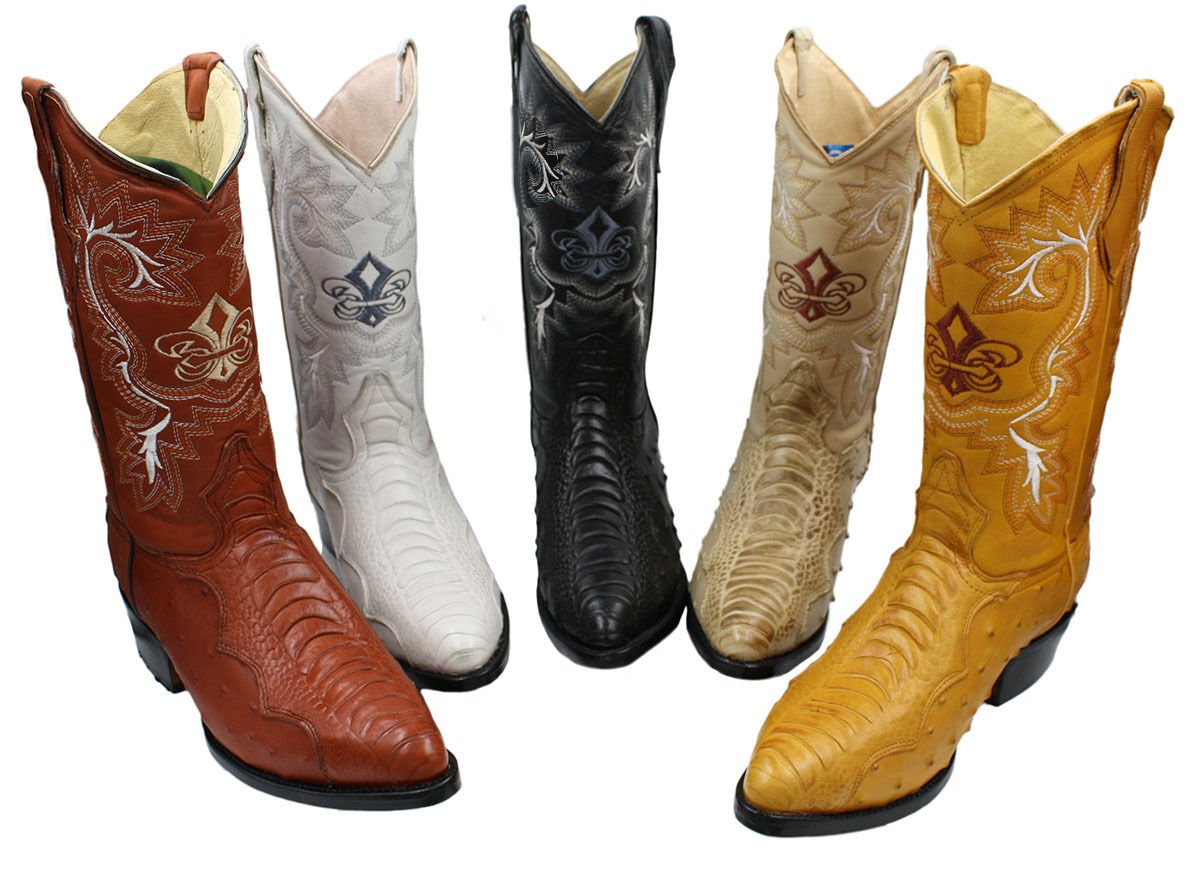 Men Genuine Cowhide Ostrich and Crocodile Print Leather J Toe Cowboy Boots