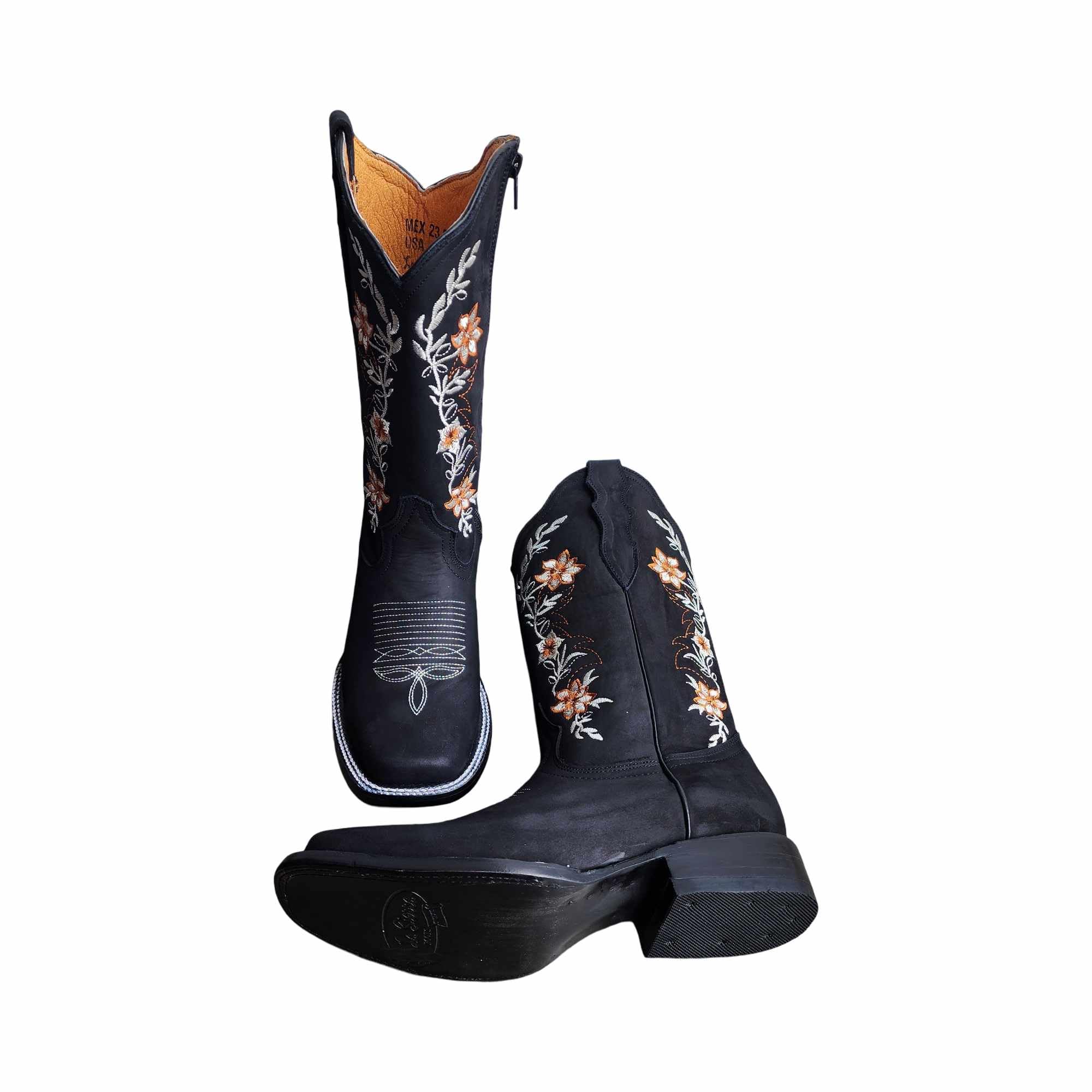 Dona Michi WOMENS COWGIRL Square toe leather Flower embroidered Design with zipper Botas para Mujer con Zierre