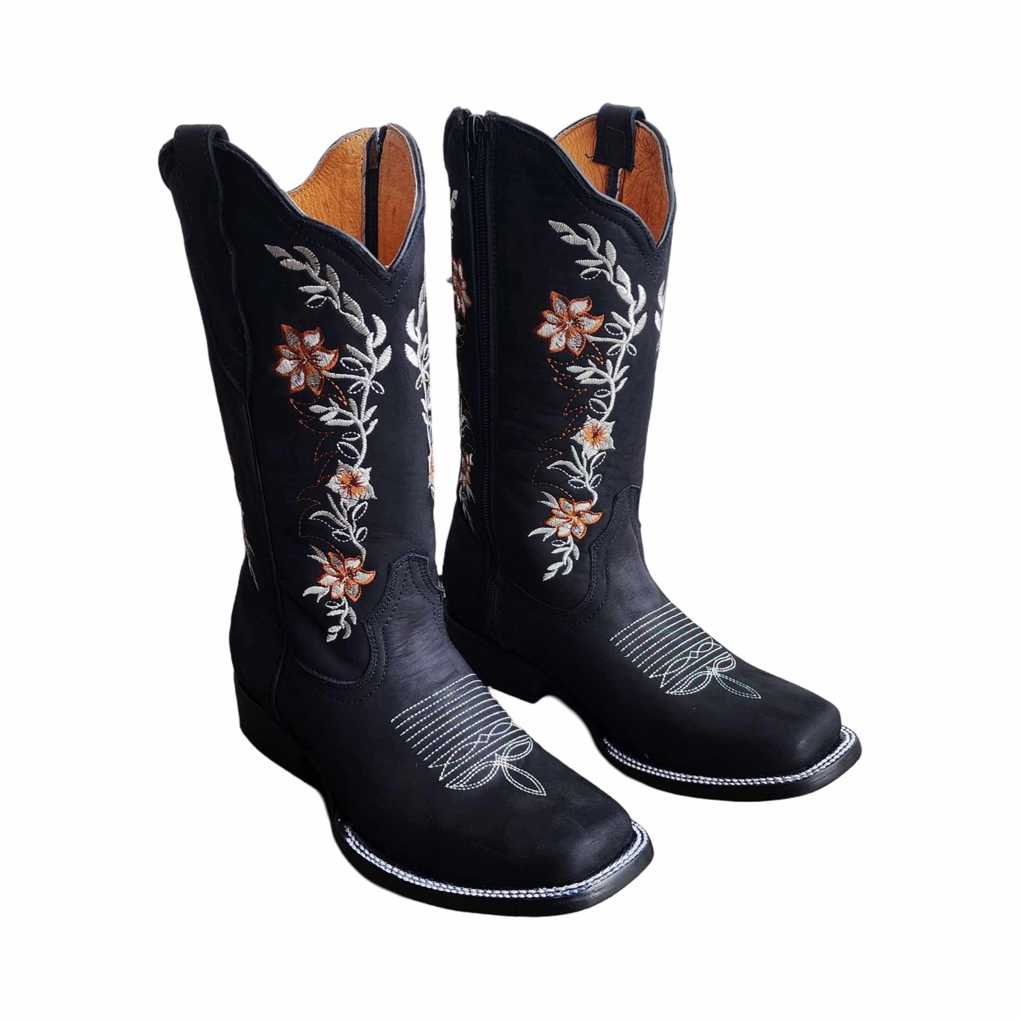 Dona Michi WOMENS COWGIRL Square toe leather Flower embroidered Design with zipper Botas para Mujer con Zierre