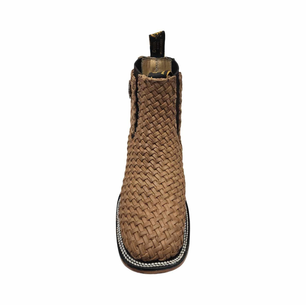 Mens Leather Cowboy Western Hand Woven Braided Square Toe half boots Chelsea Botin Vaquero Petatillo Tejidos