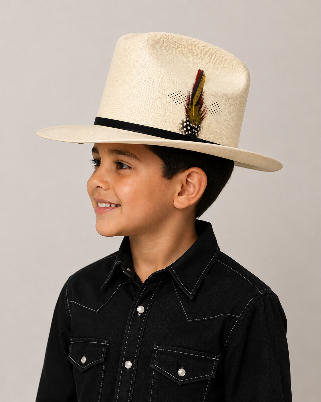 Kids Western Cowboy Hat – Ivory Cream with Black Band & Feather – Ranchero Style