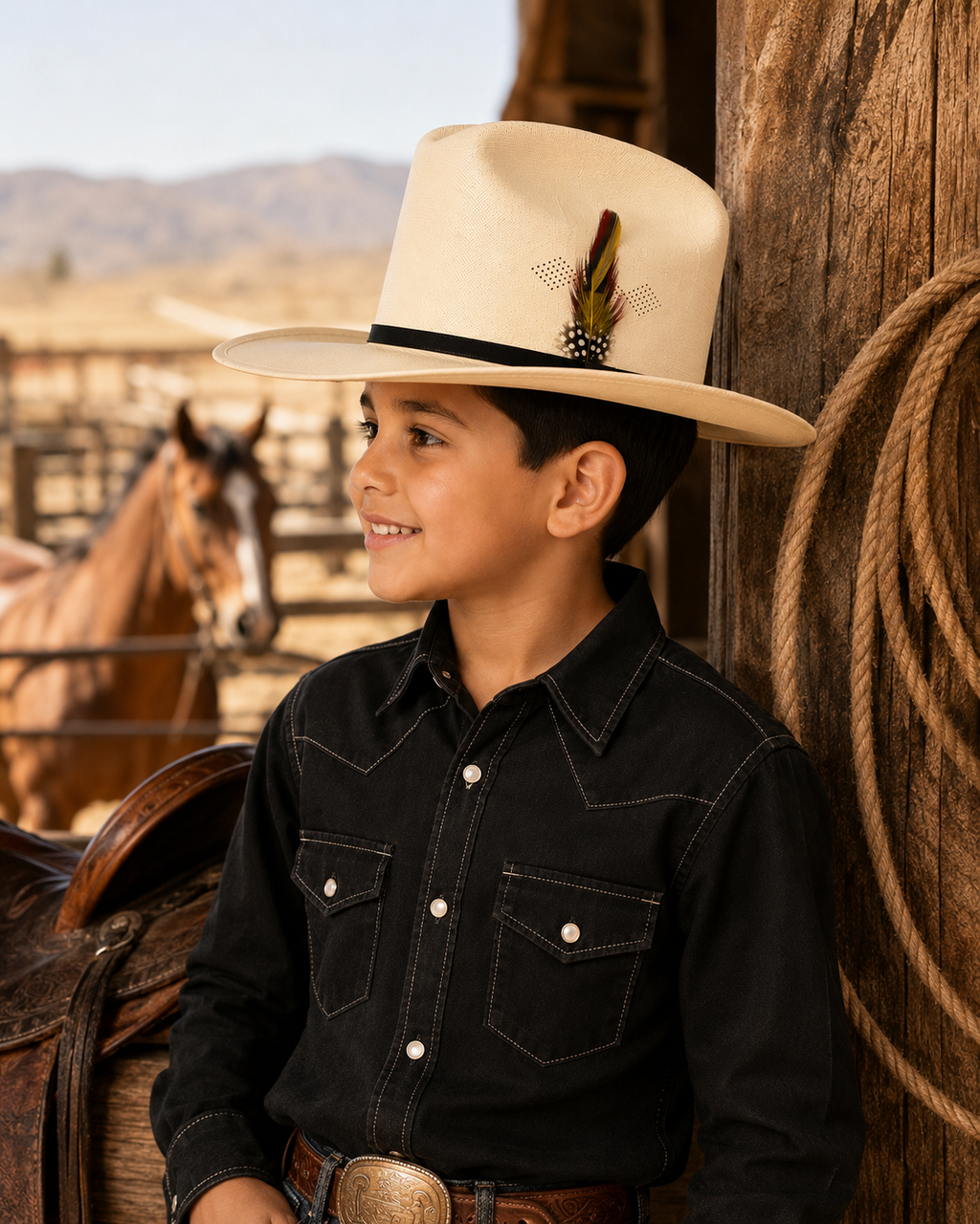 Kids Western Cowboy Hat – Ivory Cream with Black Band & Feather – Ranchero Style