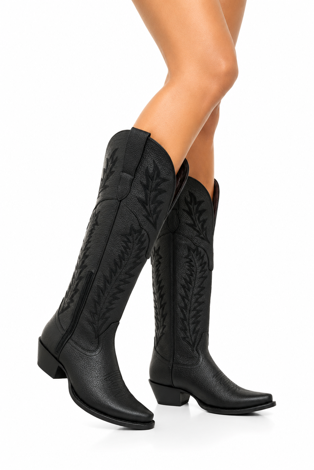 Women’s Genuine Leather Tall Western Boots – Black Embroidered Cowgirl Cowboy Boots with Leather Sole & Western Heel