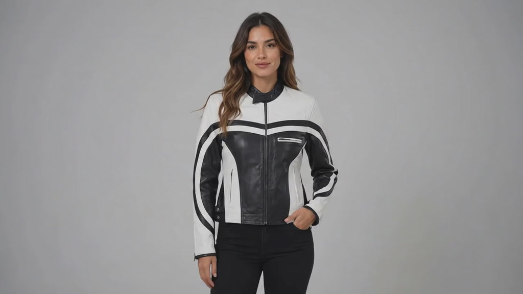 Women’s Genuine Leather Black & White Motorcycle Jacket  Handcrafted