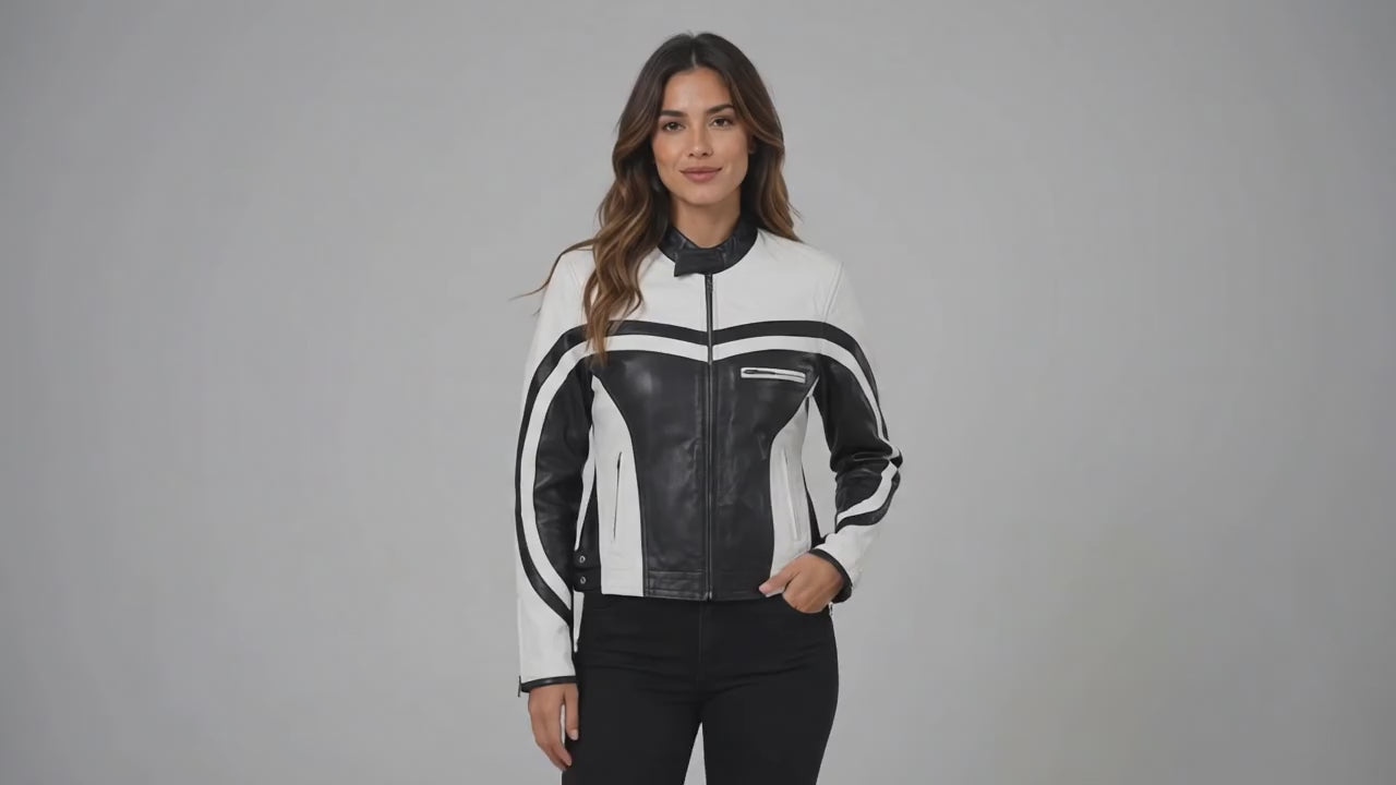 Women’s Genuine Leather Black & White Motorcycle Jacket  Handcrafted