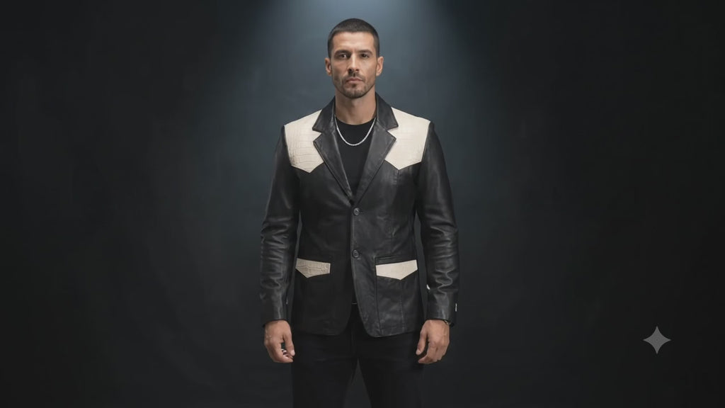 Men’s Genuine Leather Western Blazer – Black & Ivory Cowboy Jacket