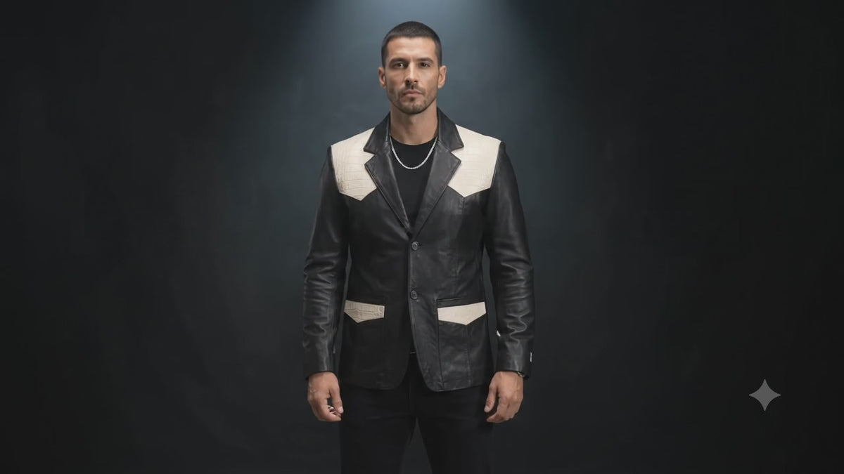 Men’s Genuine Leather Western Blazer – Black & Ivory Cowboy Jacket
