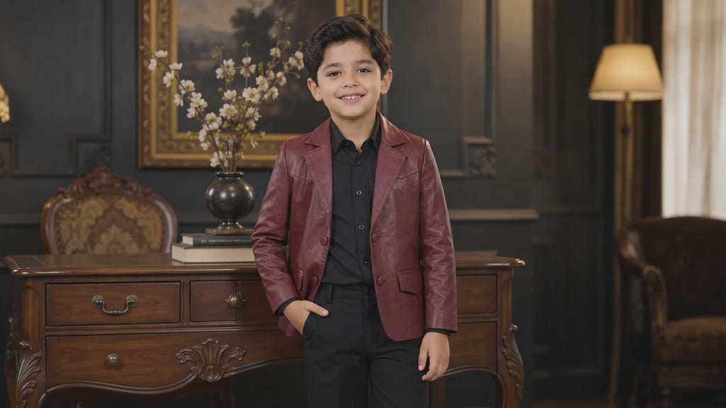 Kids Genuine Lambskin Leather Blazer –  Burgundy