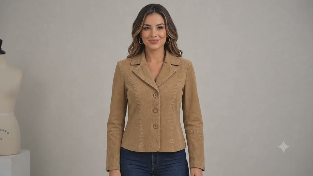 Women’s Genuine Tan Suede Leather Jacket – Button