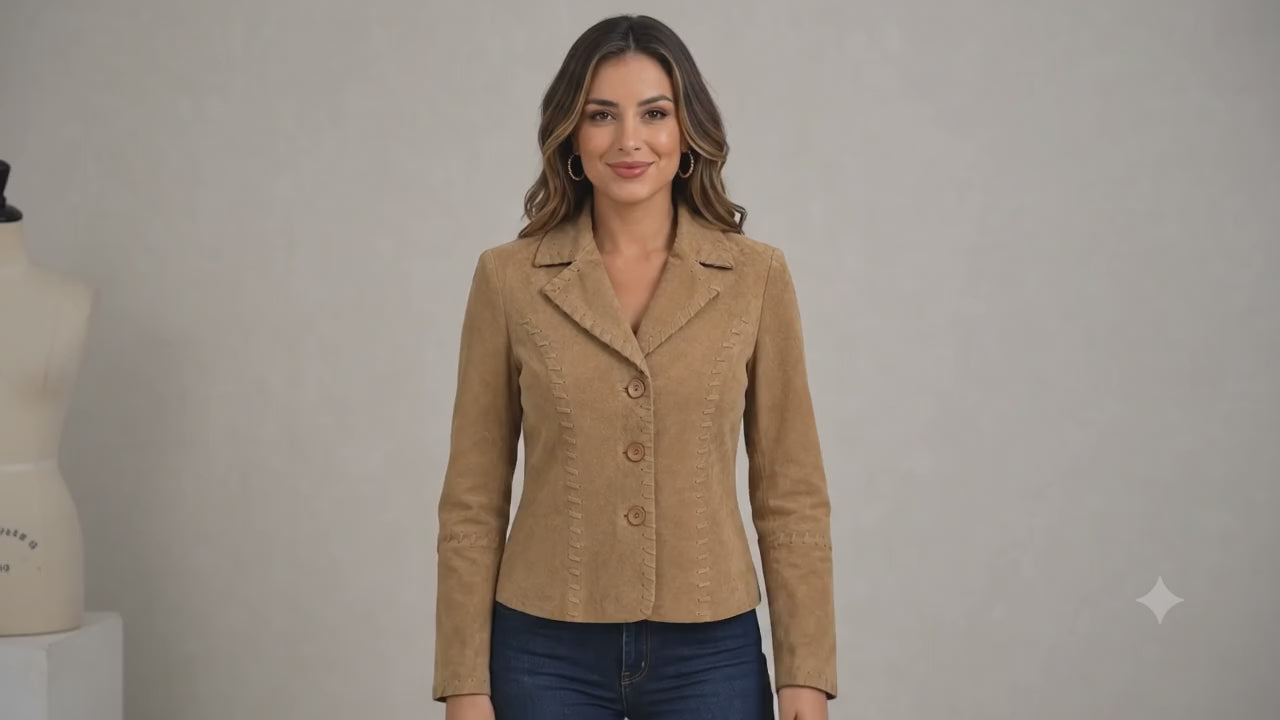 Women’s Genuine Tan Suede Leather Jacket – Button