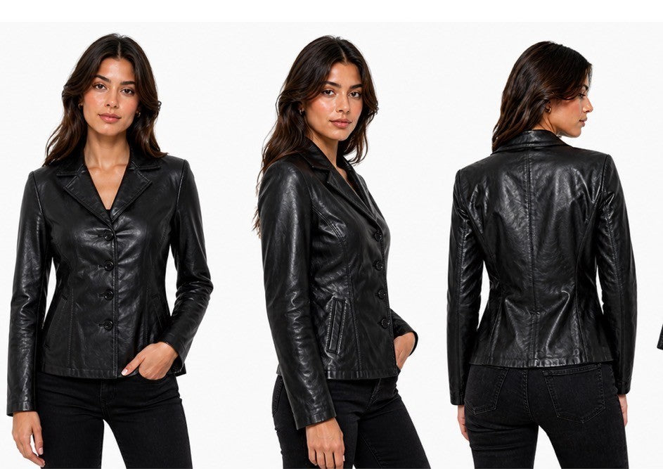 Genuine Black Color Leather Women Jacket  Fitted Blazer Style, Tailored
