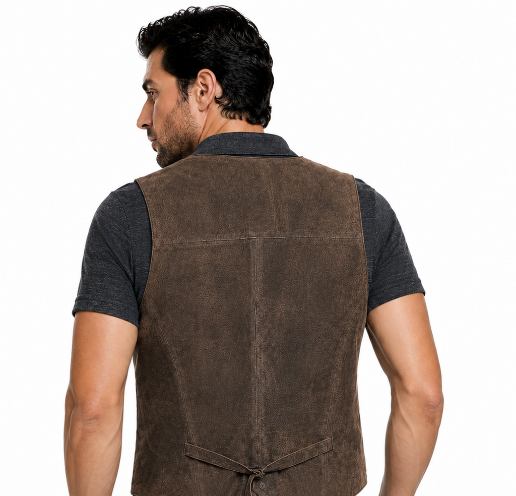 Men's Genuine Soft Suede Brown Leather Snap Closure Western/Biker Vest