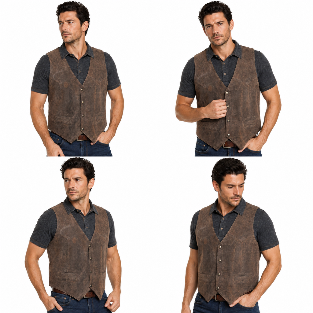 Men's Genuine Soft Suede Brown Leather Snap Closure Western/Biker Vest