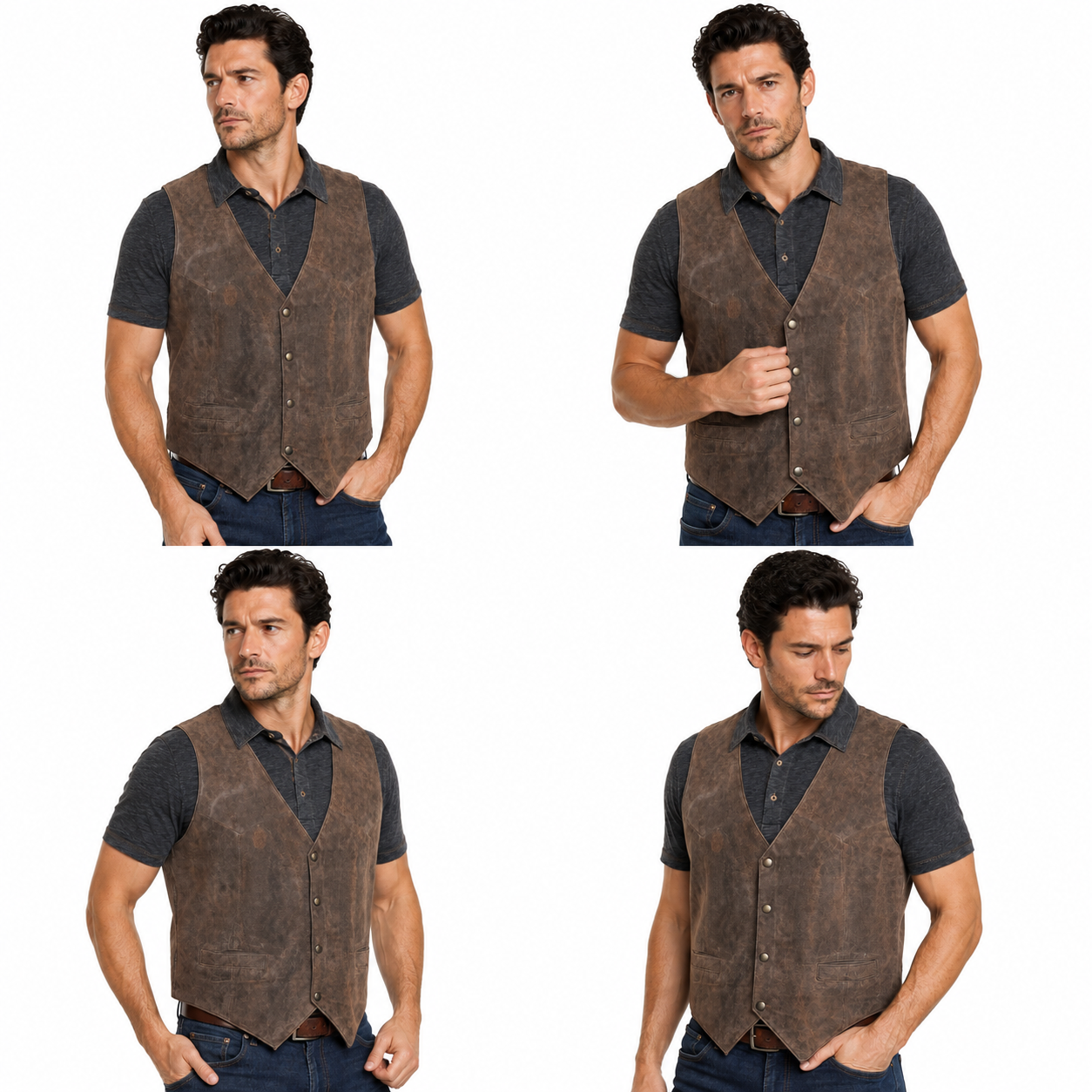 Men's Genuine Soft Suede Brown Leather Snap Closure Western/Biker Vest