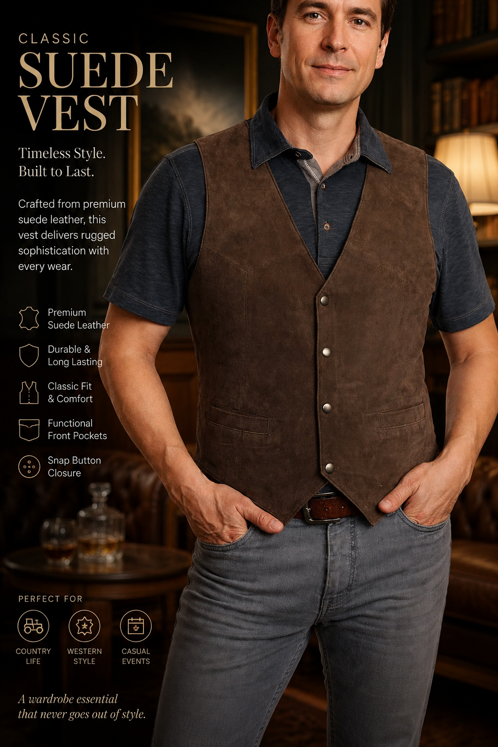 Men's Genuine Soft Suede Brown Leather Snap Closure Western/Biker Vest