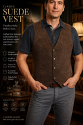 Men's Genuine Soft Suede Brown Leather Snap Closure Western/Biker Vest