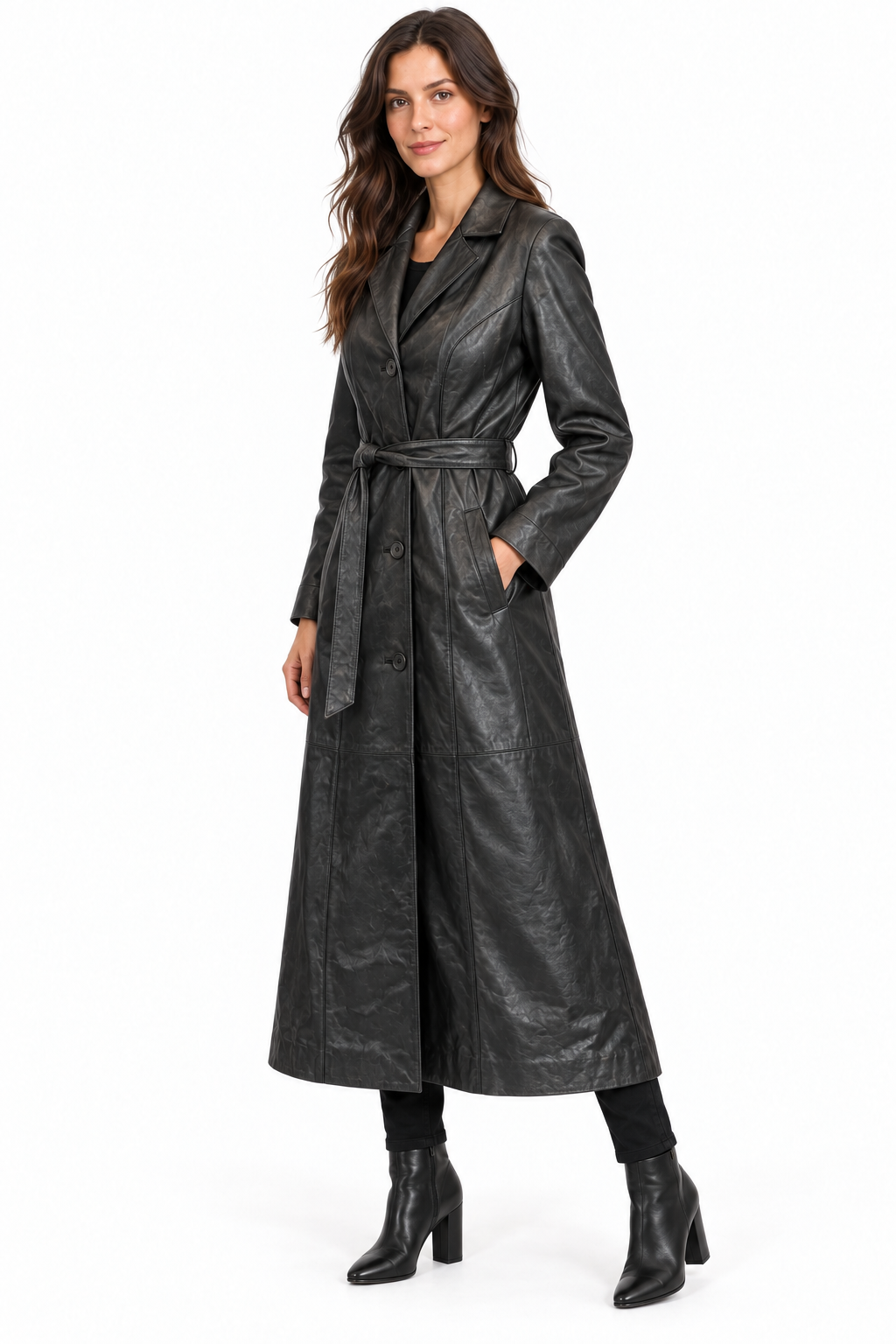 Women’s Genuine Soft Leather Long Trench Coat Black Belted Button Front
