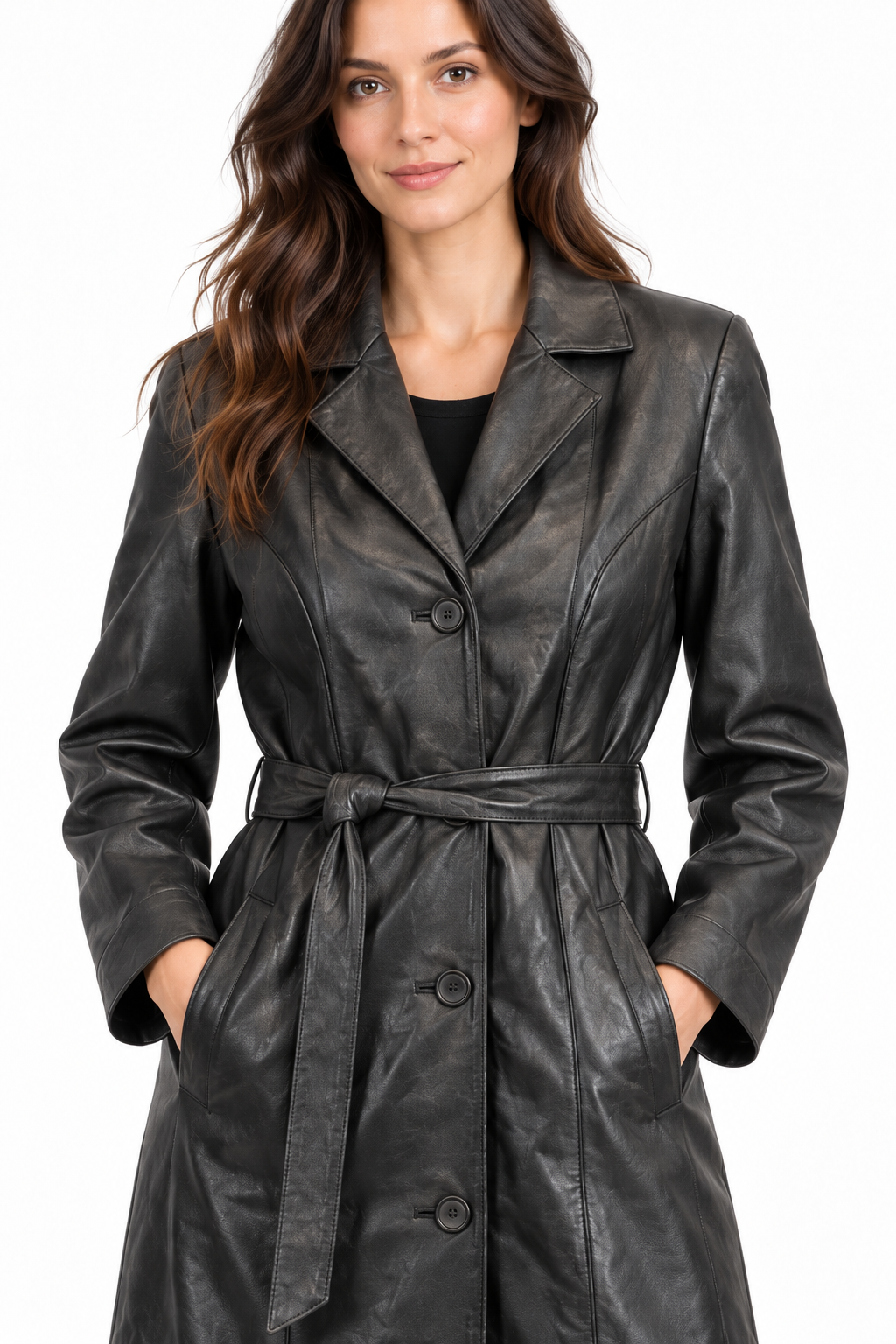 Women’s Genuine Soft Leather Long Trench Coat Black Belted Button Front