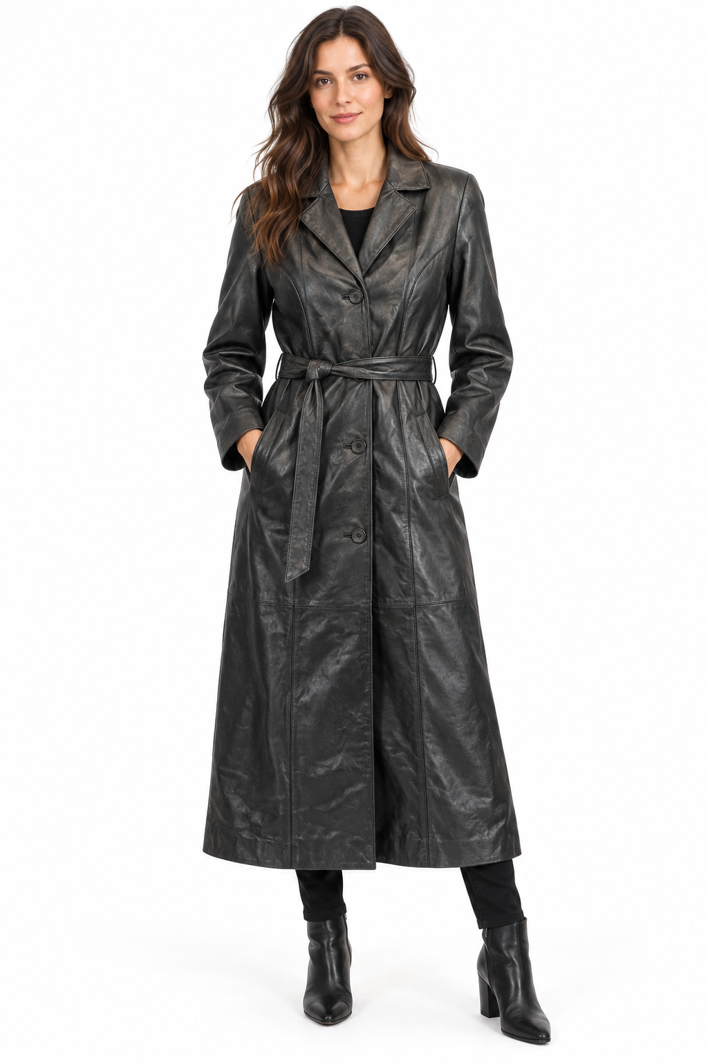 Women’s Genuine Soft Leather Long Trench Coat Black Belted Button Front